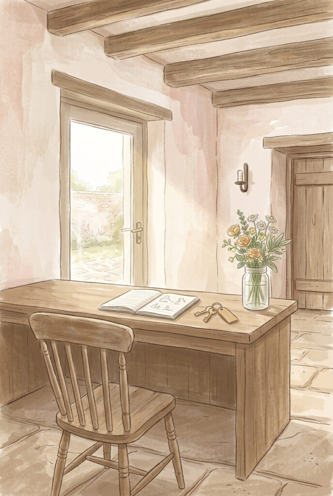 A plain office counter with an open notebook, keys and a jar of garden flowers