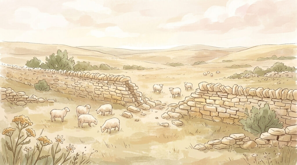 A drystone sheepfold wall with a wide gap in it and sheep on both sides