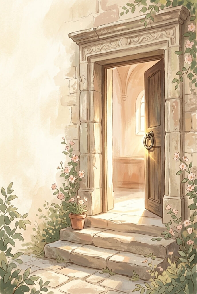 Could not for the crowd — a wide stone doorway standing open at the top of three worn steps in bright daylight