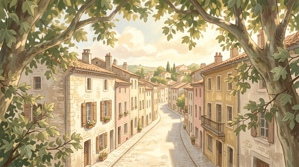 Could not for the crowd — a sunlit stone street seen from high in the branches of a spreading sycamore tree