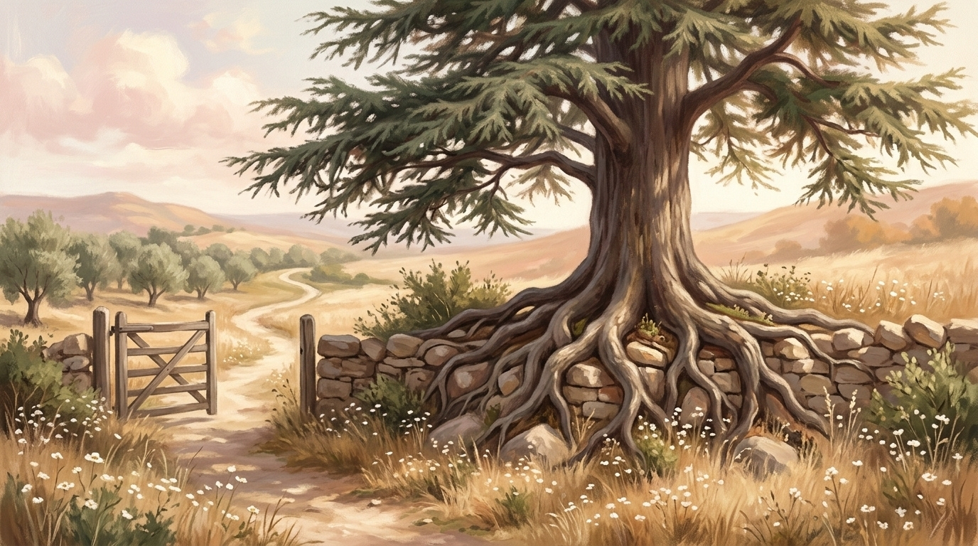 An old cedar with exposed roots holding a dry-stone wall in late-morning light, illustrating the Lesson in which Wisdom says she took root in an honourable people