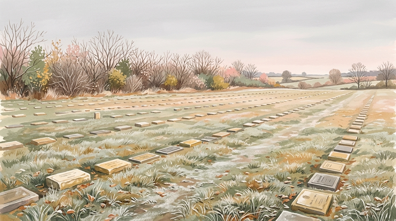 Painterly illustration of a frosted burial field of low flat markers under a flat grey morning sky