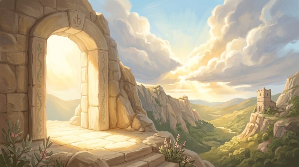 Eyewitnesses of his greatness — sunlight breaking through clouds over a high mountain ridge