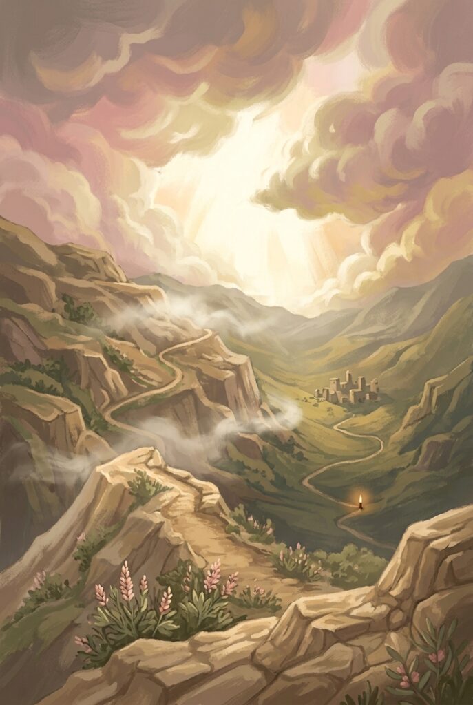 Eyewitnesses of his greatness — a narrow path winding down a mountainside toward distant light