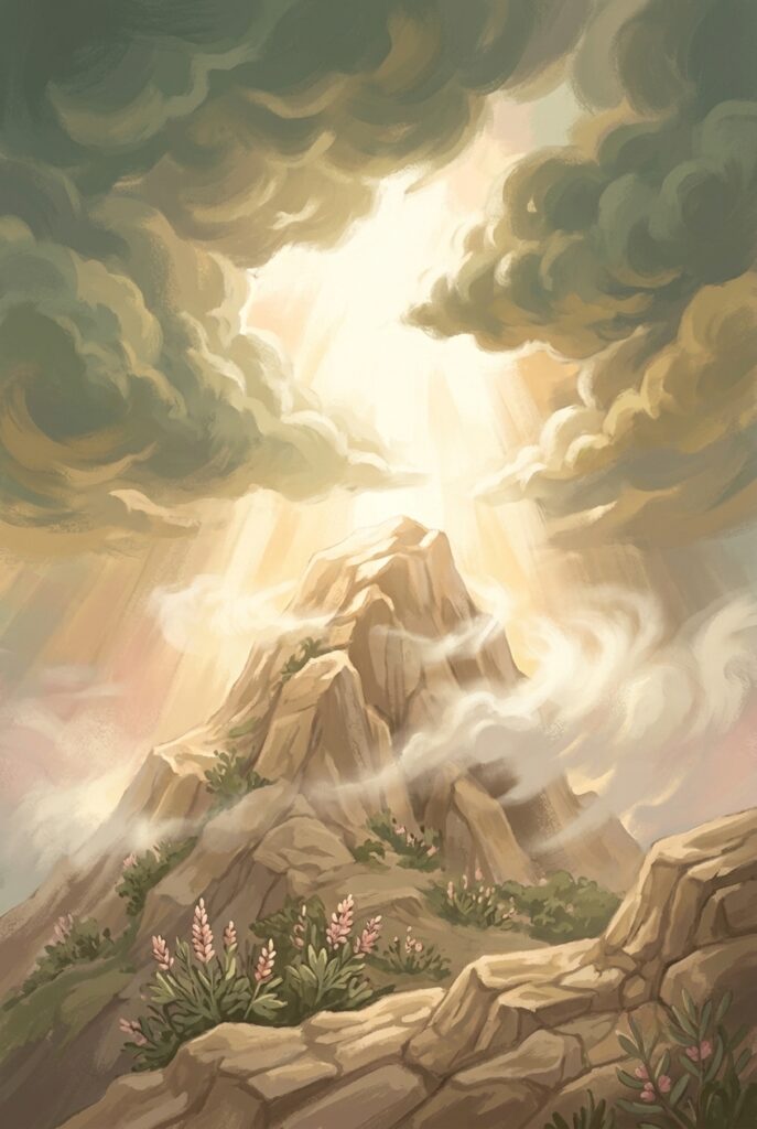 Eyewitnesses of his greatness — bright light breaking through storm clouds over a mountain peak