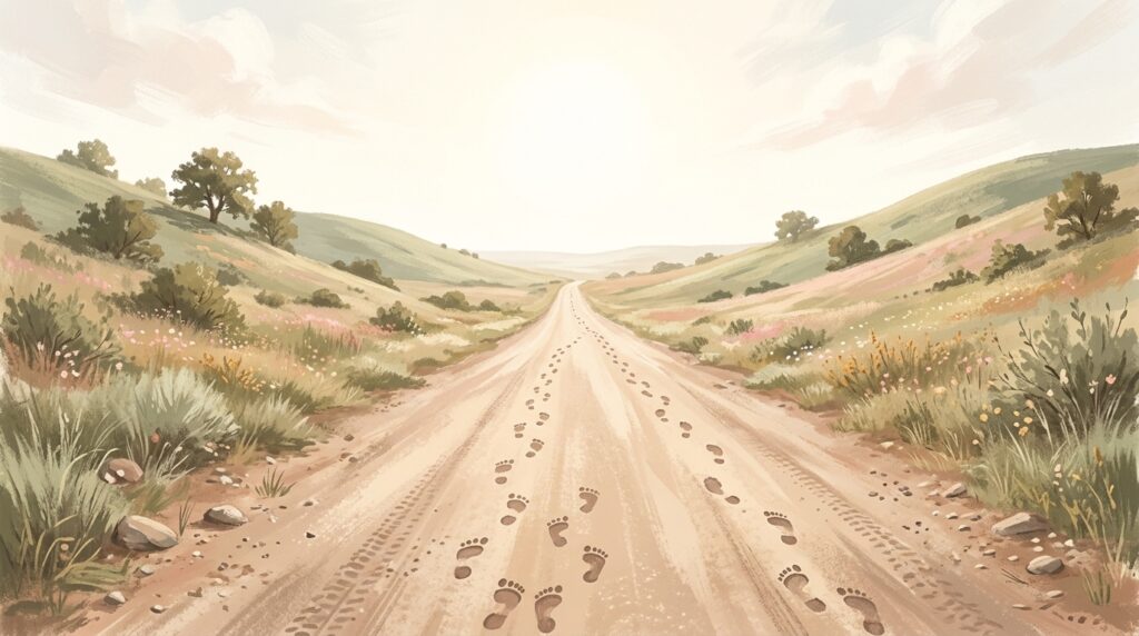 A dusty road at midday with ten sets of footprints going forward and one turning back, illustrating the Gospel of the ten lepers