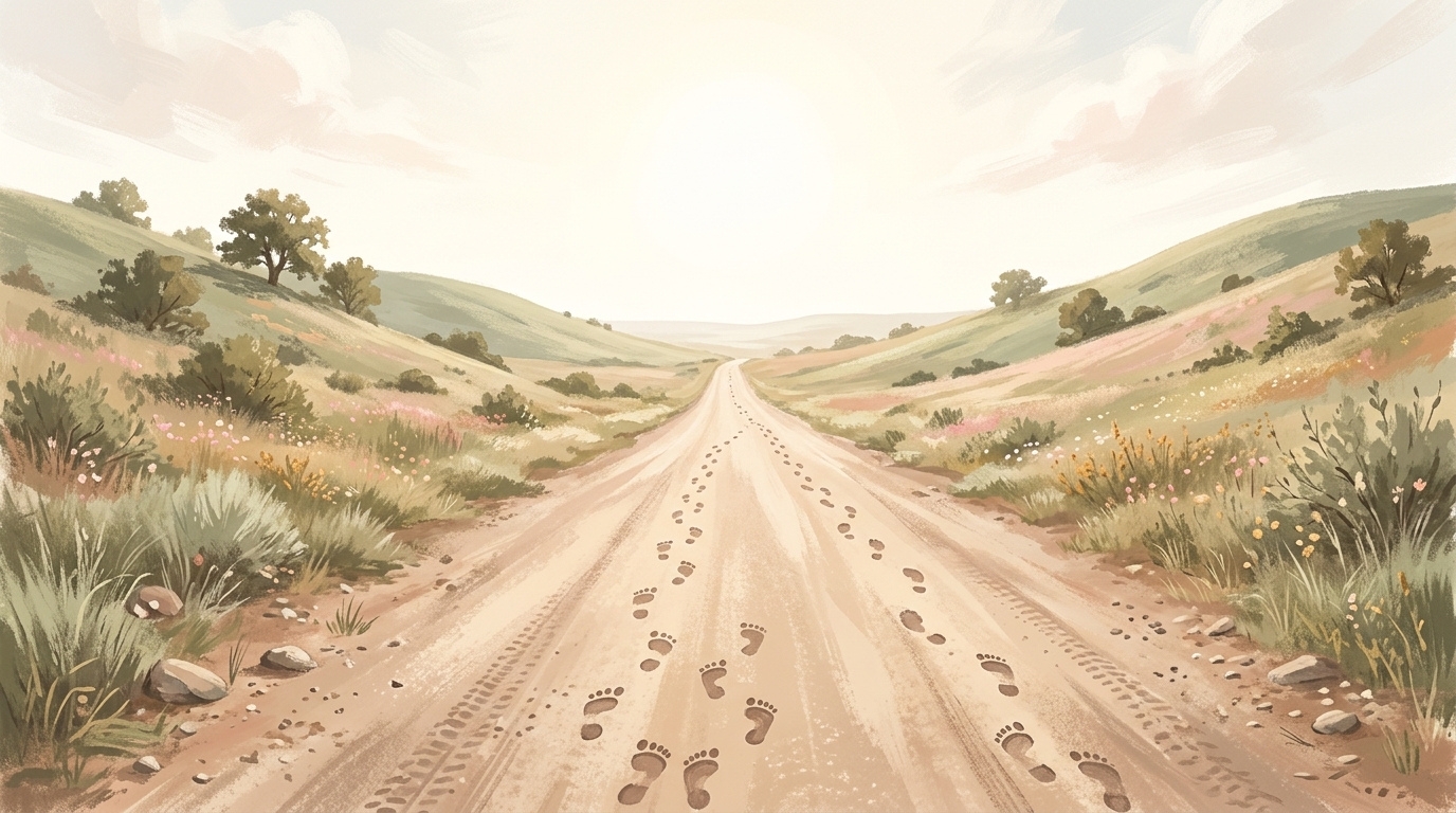 A dusty road at midday with ten sets of footprints going forward and one turning back, illustrating the Gospel of the ten lepers