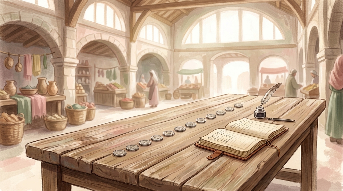 Ten identical coins laid in a row on a sunlit wooden table beside an open ledger