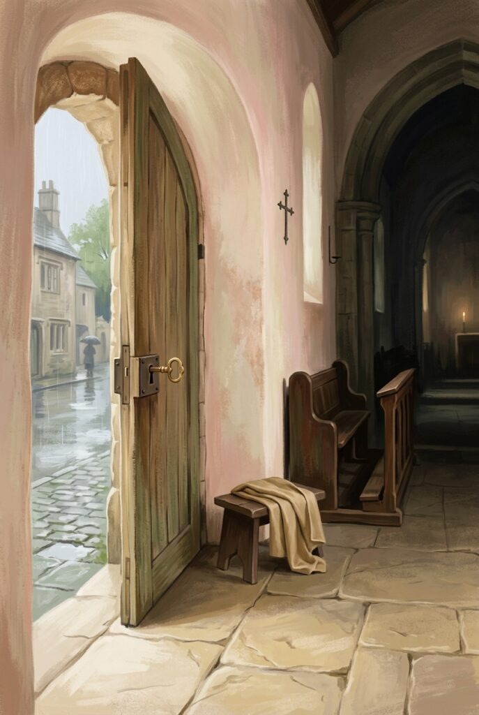 Painterly illustration of an open church door in morning light with a brass key left in the lock and a folded cloth on a stool