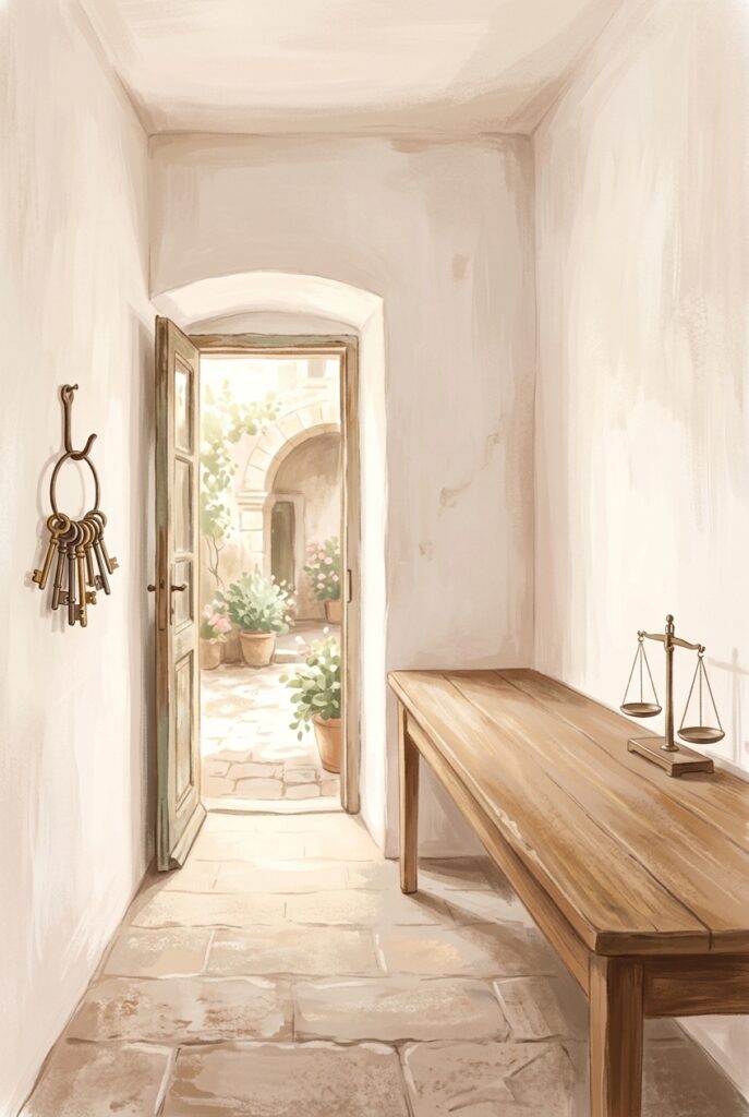 Painterly illustration of an empty estate desk with hand scales pushed aside and keys on a hook, bright courtyard beyond