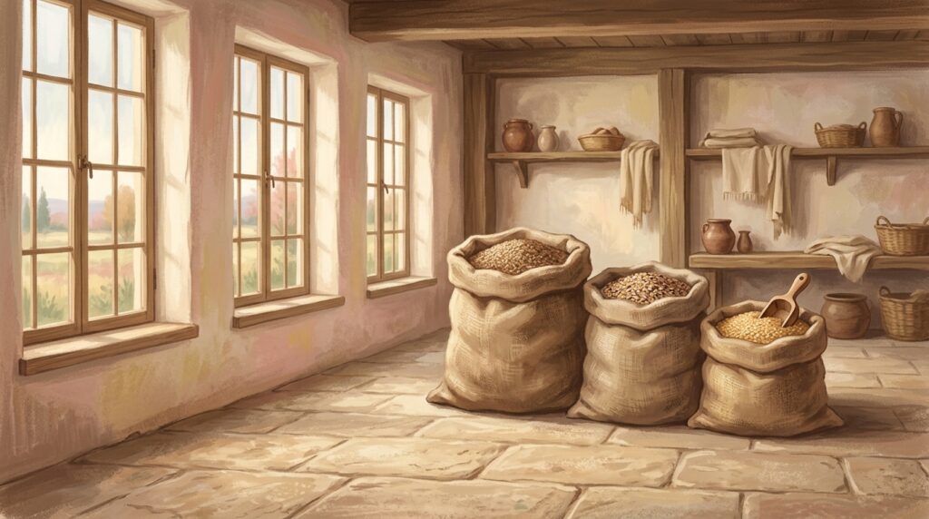 Painterly illustration of three unequal sacks of grain on a stone floor in bright daylight, a wooden scoop in the smallest