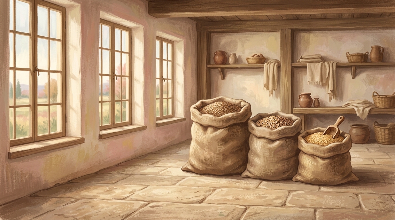 Painterly illustration of three unequal sacks of grain on a stone floor in bright daylight, a wooden scoop in the smallest