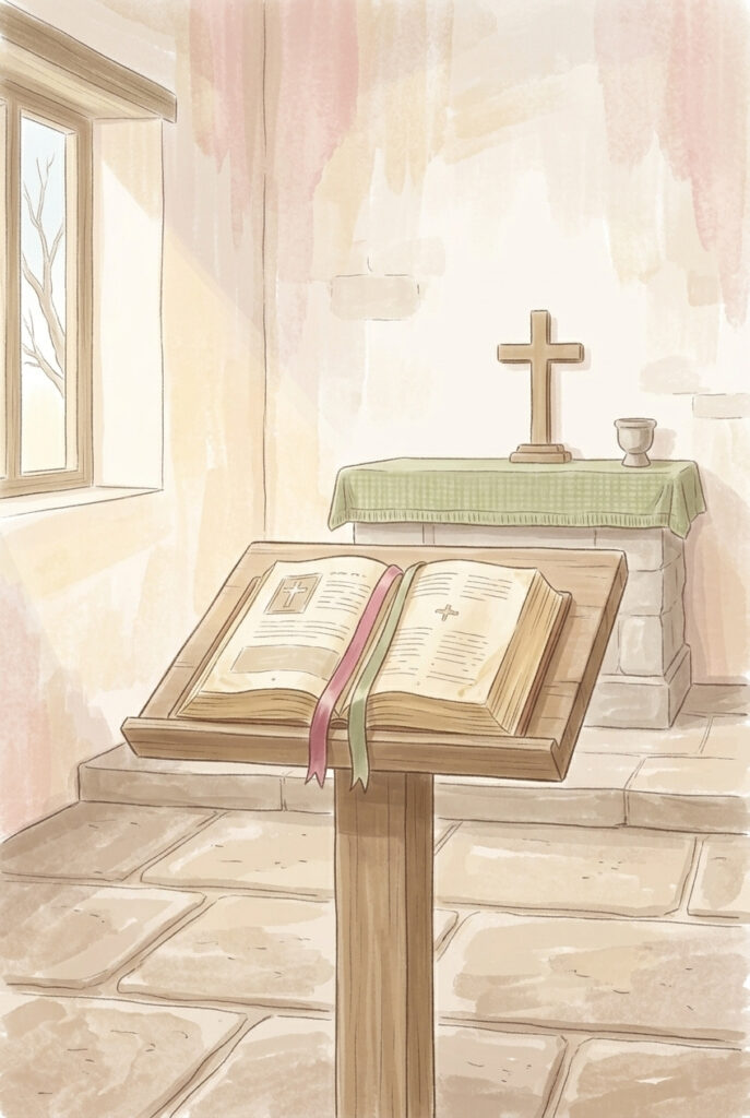 An open missal on a lectern with two ribbons marking the same page in a bare chapel, illustrating a ferial day that repeats the preceding Sunday's Mass