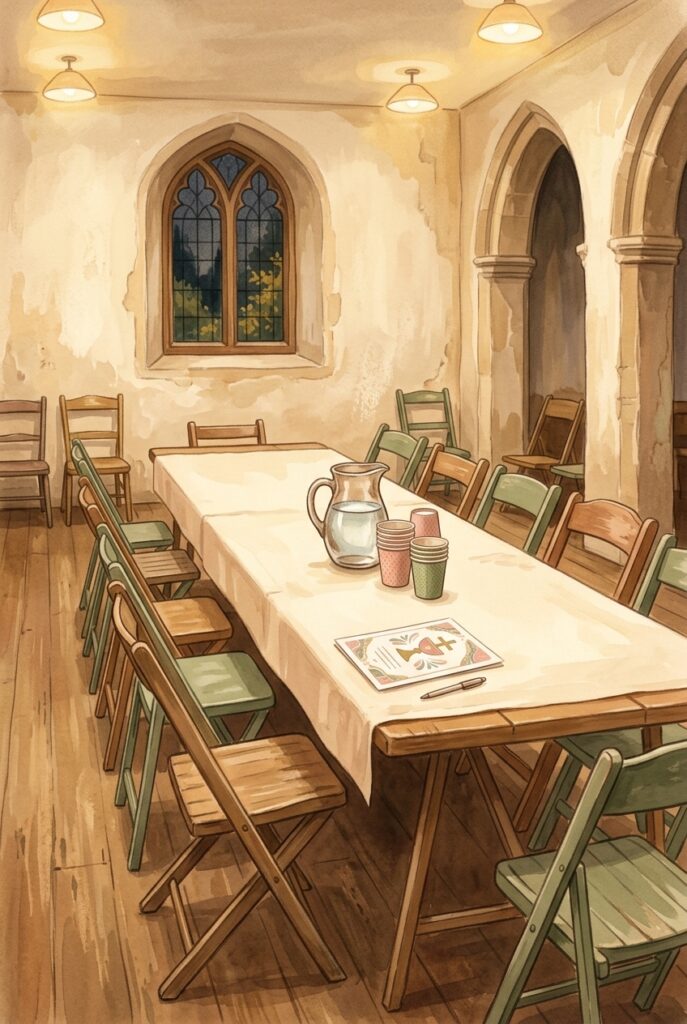 A long folding table with mismatched chairs, a water jug, paper cups and a single handout in a plain church hall