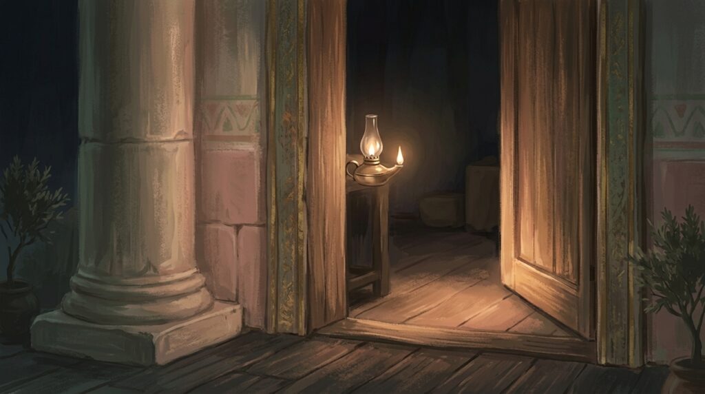 Found watching — a single lit oil lamp glowing beside a wooden doorway at night