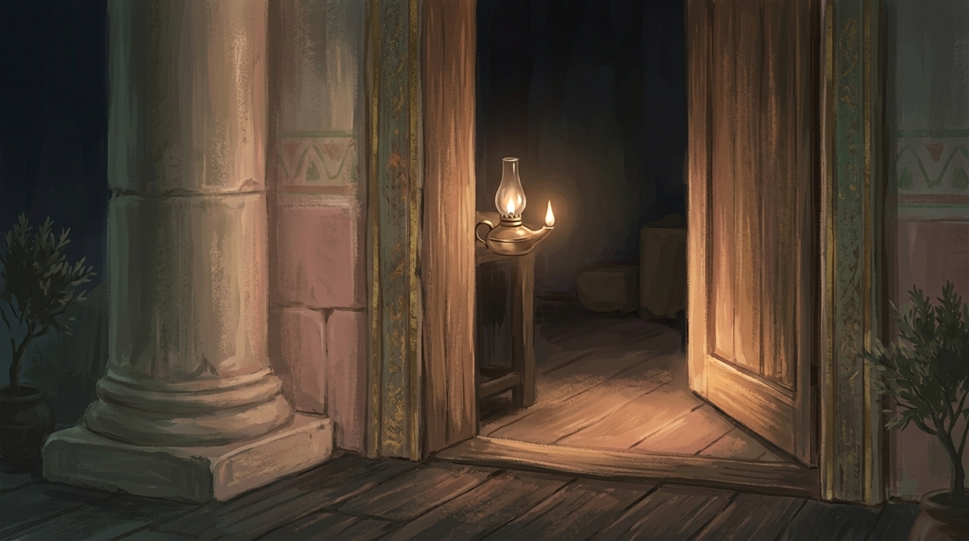 Found watching — a single lit oil lamp glowing beside a wooden doorway at night