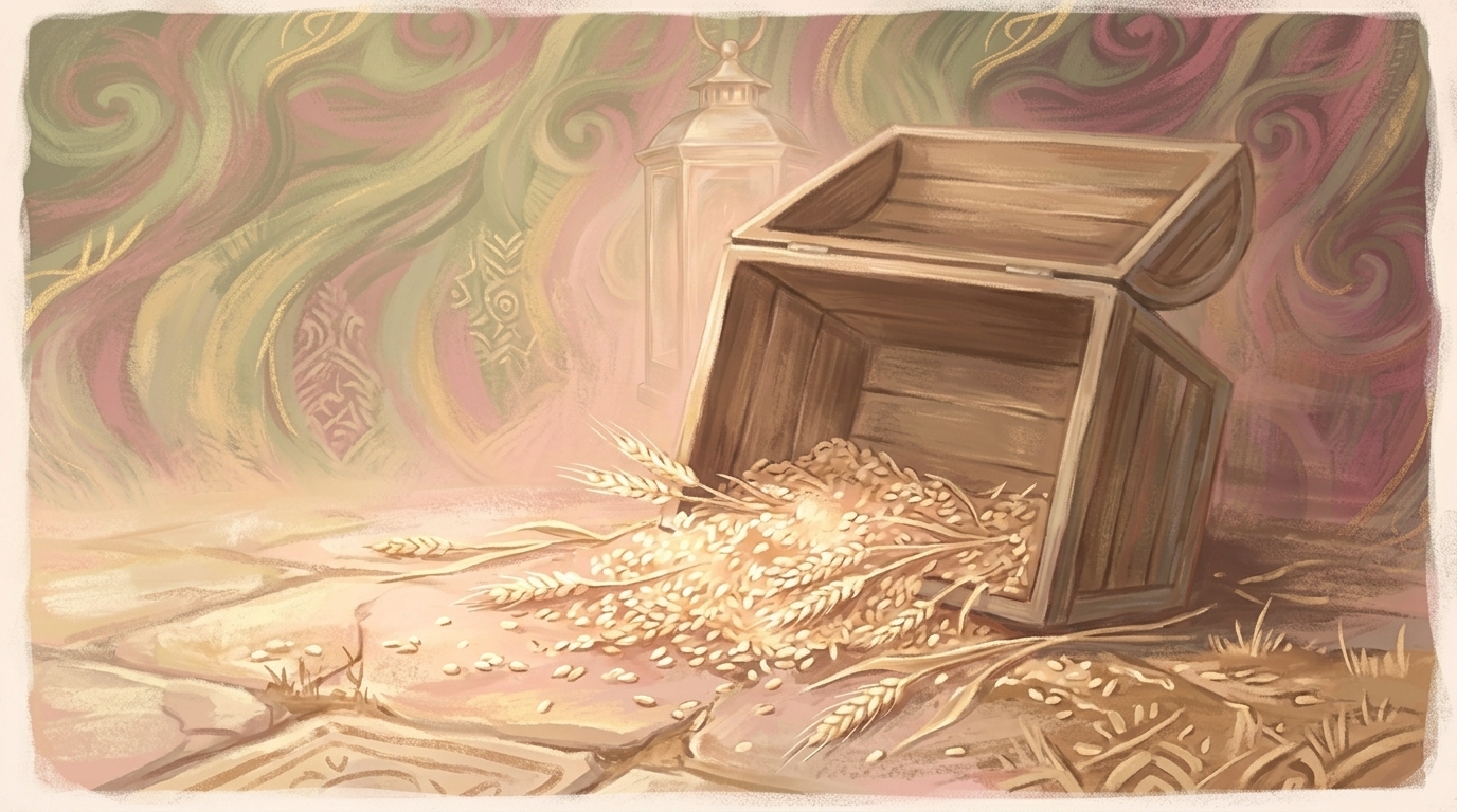 God loveth a cheerful giver — an open treasure chest with wheat grains instead of coins
