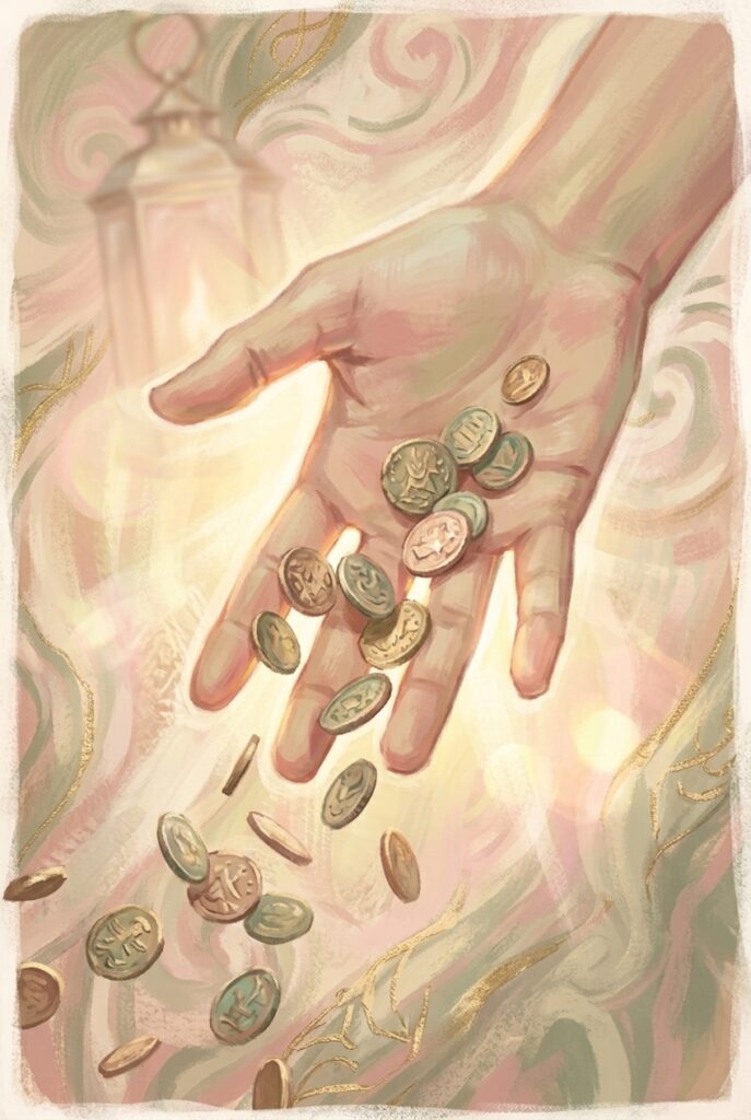 God loveth a cheerful giver — an open hand releasing coins into warm light