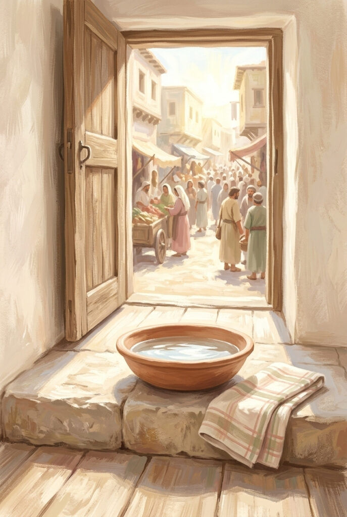 A shallow clay bowl of water and a folded cloth on a worn stone step beside an open door onto a bright road