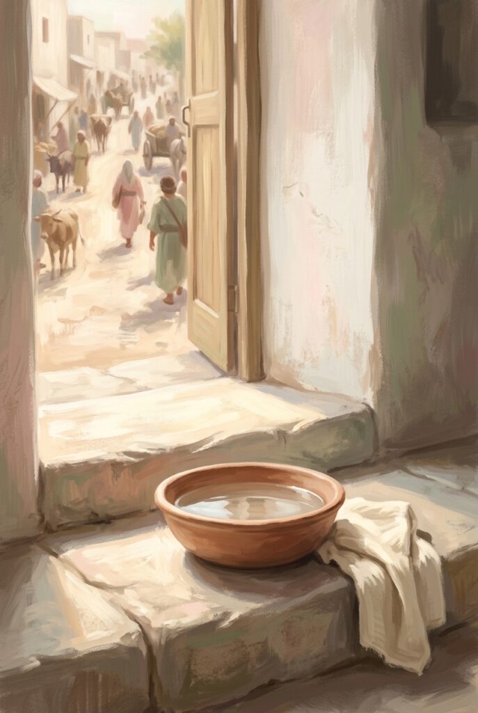 A shallow clay bowl of water and a folded cloth on a worn stone step beside an open door onto a bright road