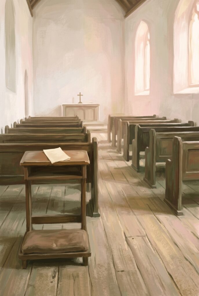 A plain wooden kneeler in an empty daylit chapel with a folded sheet of paper on its ledge