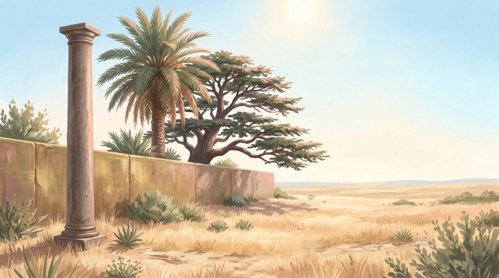 A sunlit ancient road between stone walls and olive trees with a worn milestone at the roadside