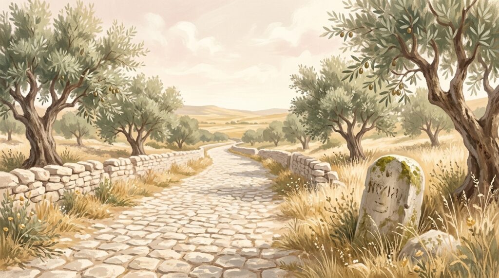 A sunlit ancient road between stone walls and olive trees with a worn milestone at the roadside