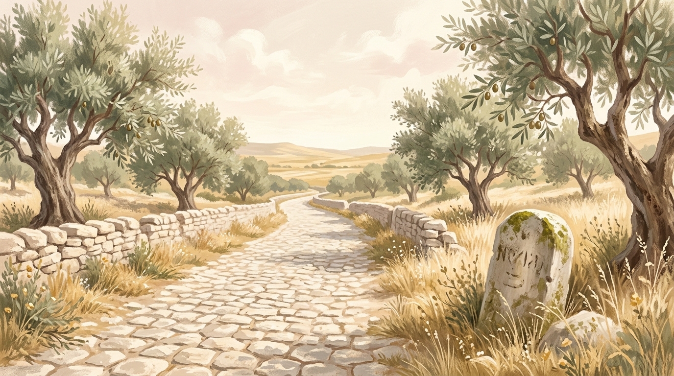 A sunlit ancient road between stone walls and olive trees with a worn milestone at the roadside