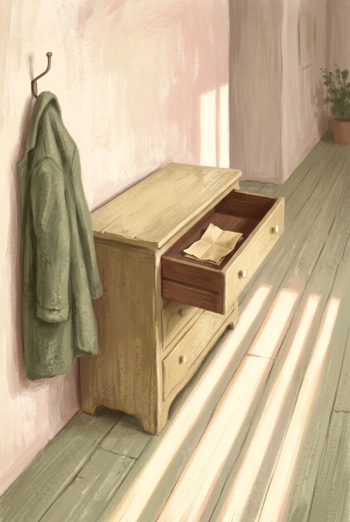 Have patience with me — an open hallway drawer holding an old folded paper, with a coat on a hook and afternoon light across the floorboards