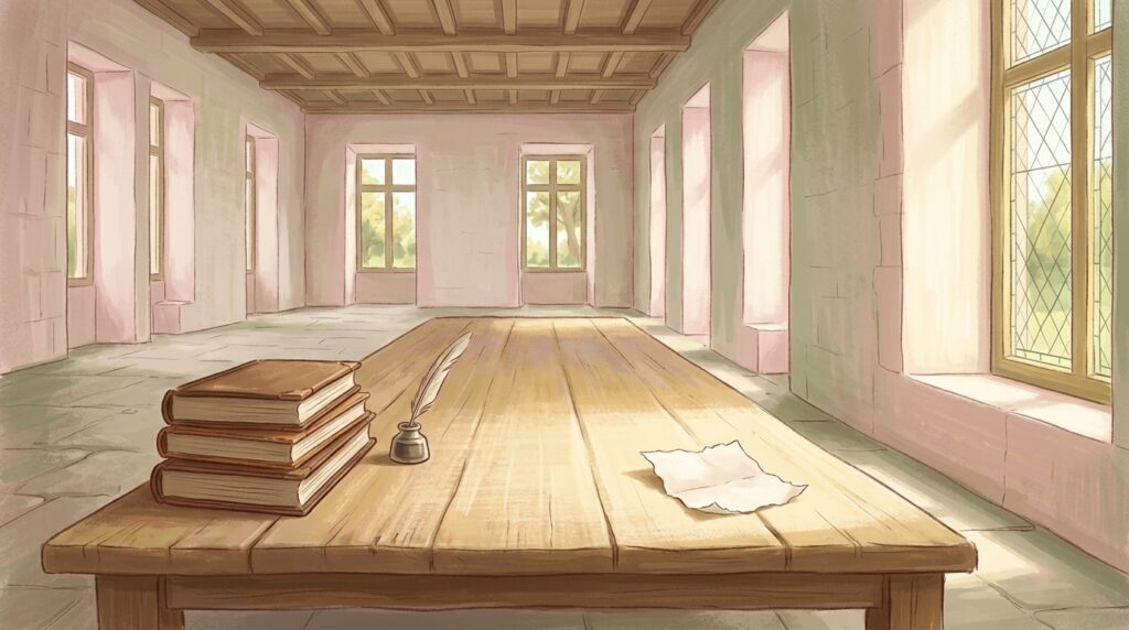 Have patience with me — a torn paper note lying open on a long wooden counting table beside closed ledger books