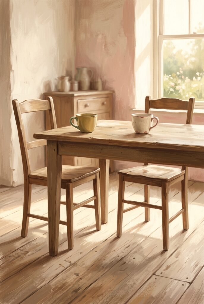 Have patience with me — two plain wooden chairs facing each other across a bare kitchen table at midday