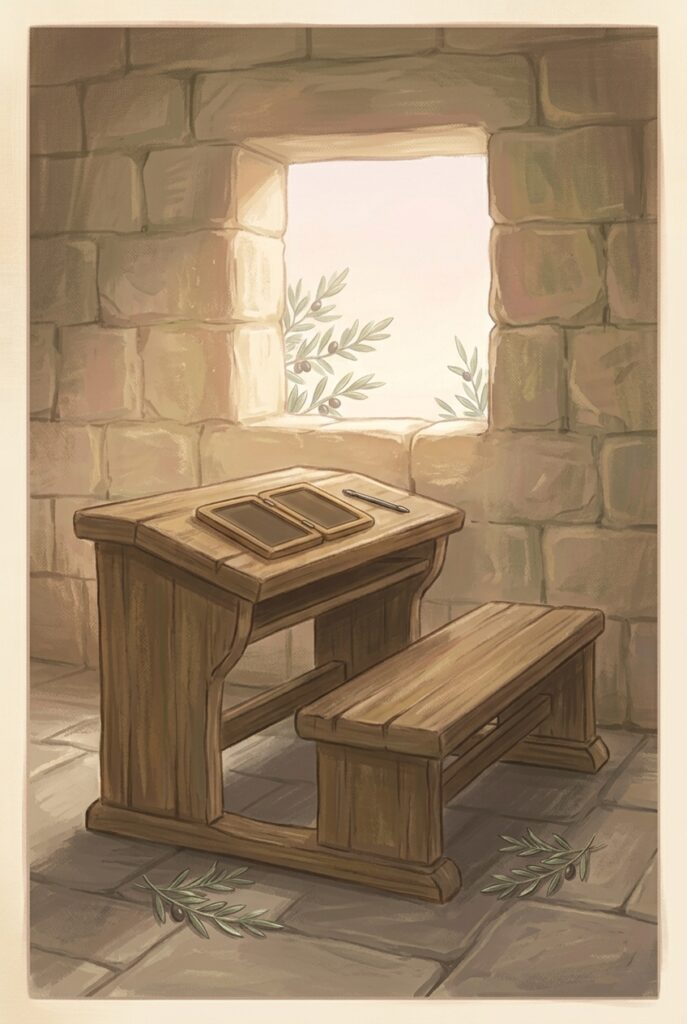 Hippolytus and Cassian — an empty schoolroom desk with a wax tablet and one iron stylus