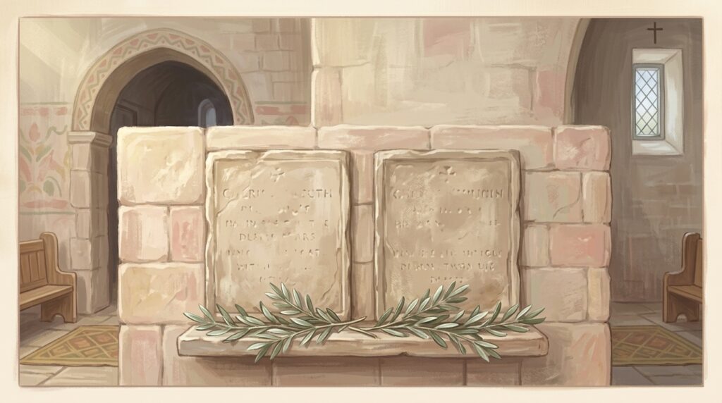 Hippolytus and Cassian — two worn stone name-plaques side by side in a church wall