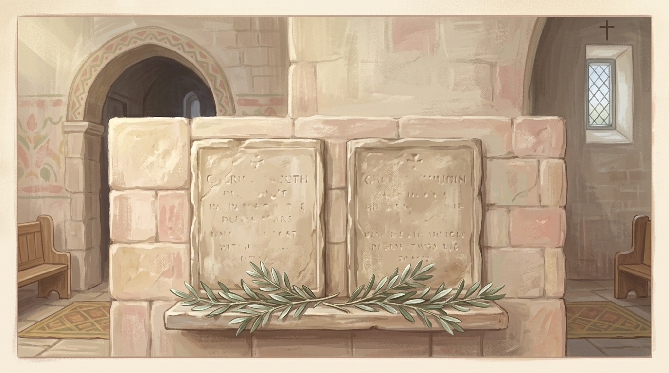 Hippolytus and Cassian — two worn stone name-plaques side by side in a church wall