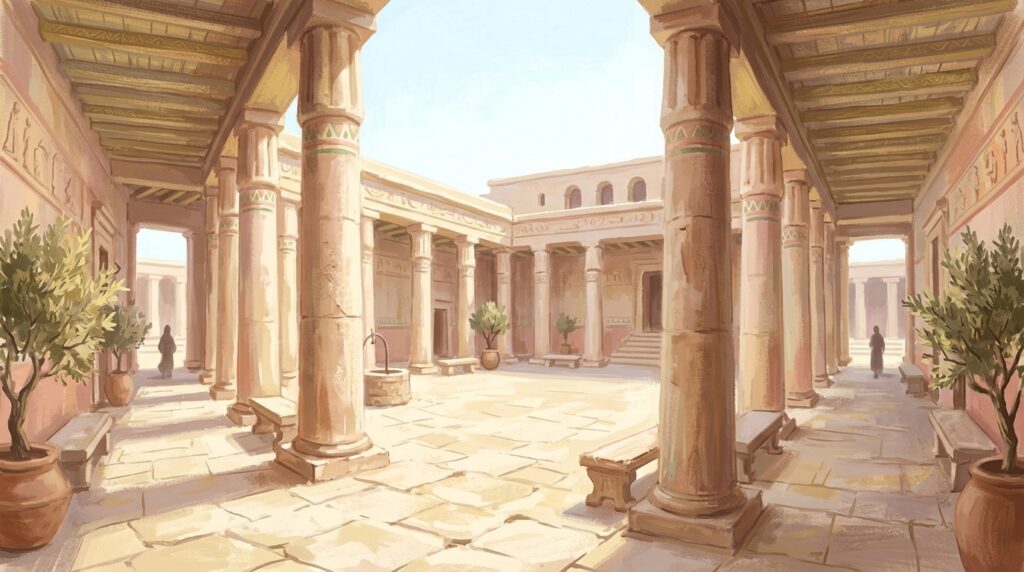 Justified rather than the other — bright midday light in an ancient temple courtyard, two distant figures apart