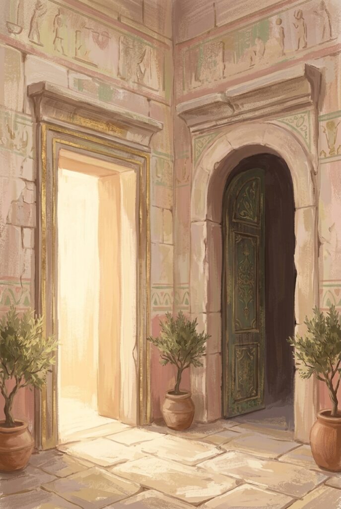 Justified rather than the other — two doorways side by side, one lit, one in shadow