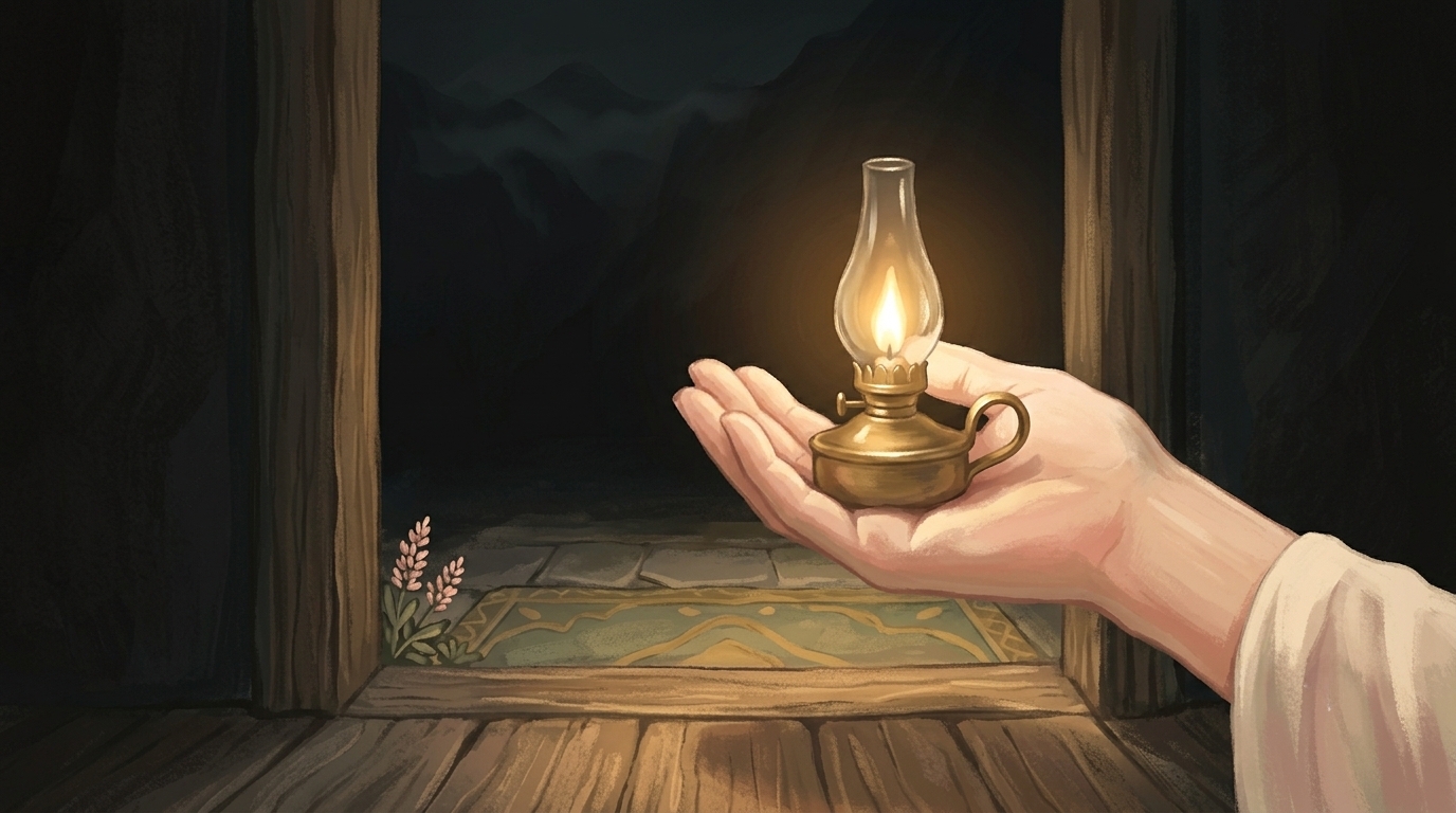 Lamps burning in your hands — a small oil lamp held at a dark doorway threshold