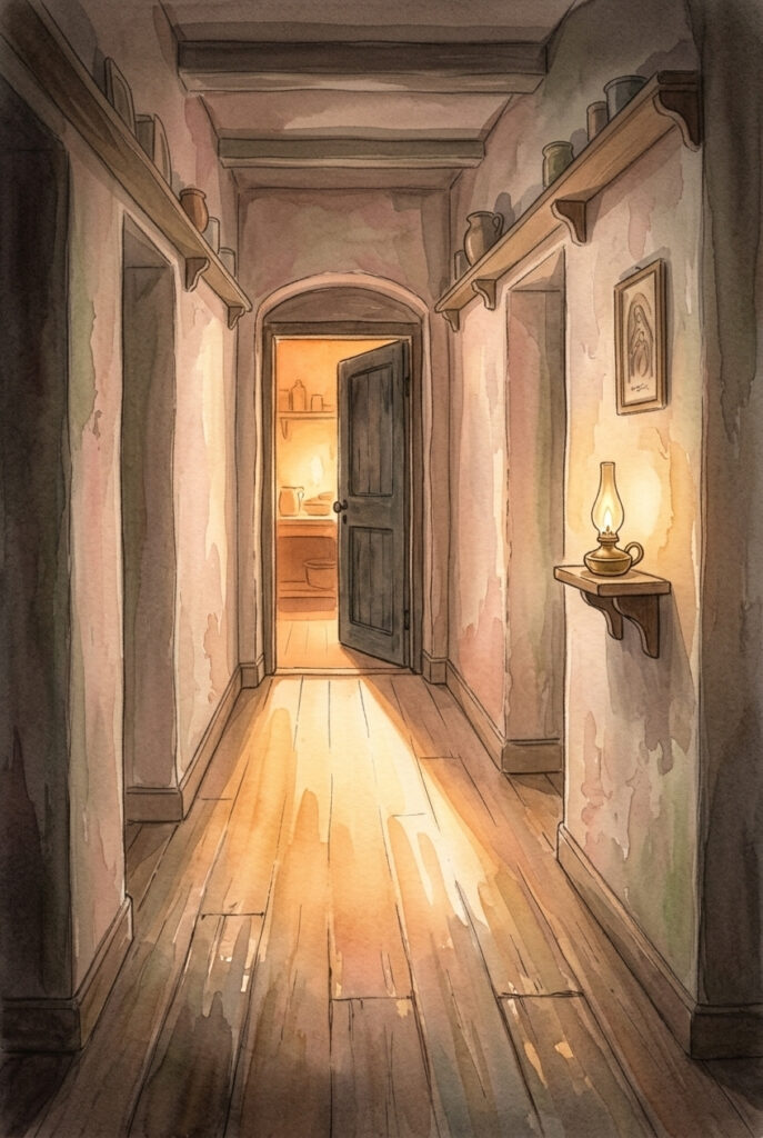 A lit interior corridor with an open door at the end and a small oil lamp on a shelf