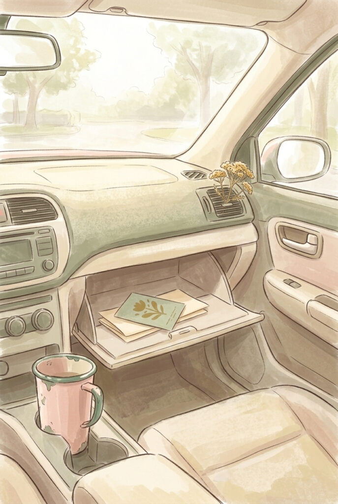 An open glove box in a parked car at dawn holding folded papers and one small card, illustrating an inscription somebody kept.