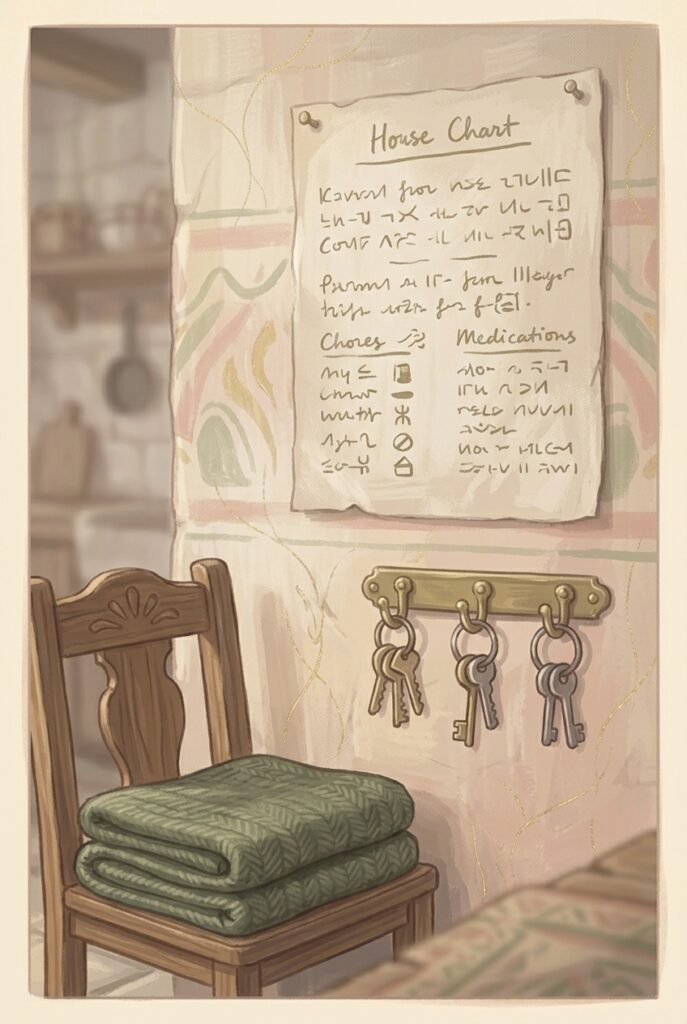 New religious families — a household chart on a kitchen wall with three sets of keys below it