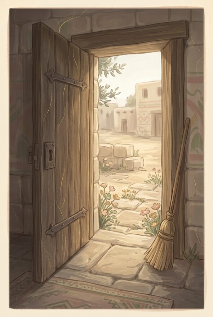 New religious families — an old door open onto a courtyard with flowers between the stones