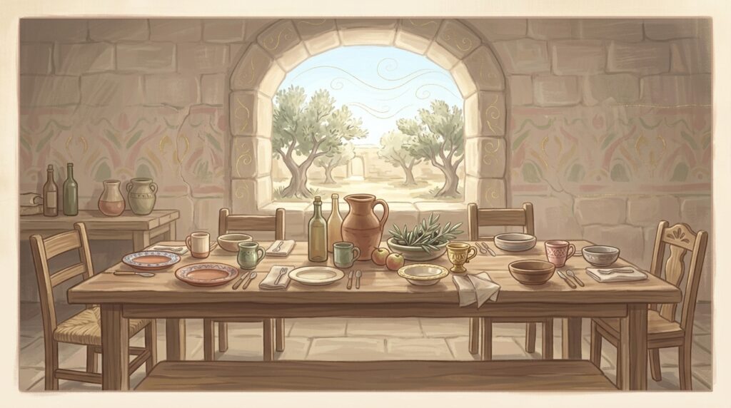 New religious families — a long table set for six with plates from six different homes