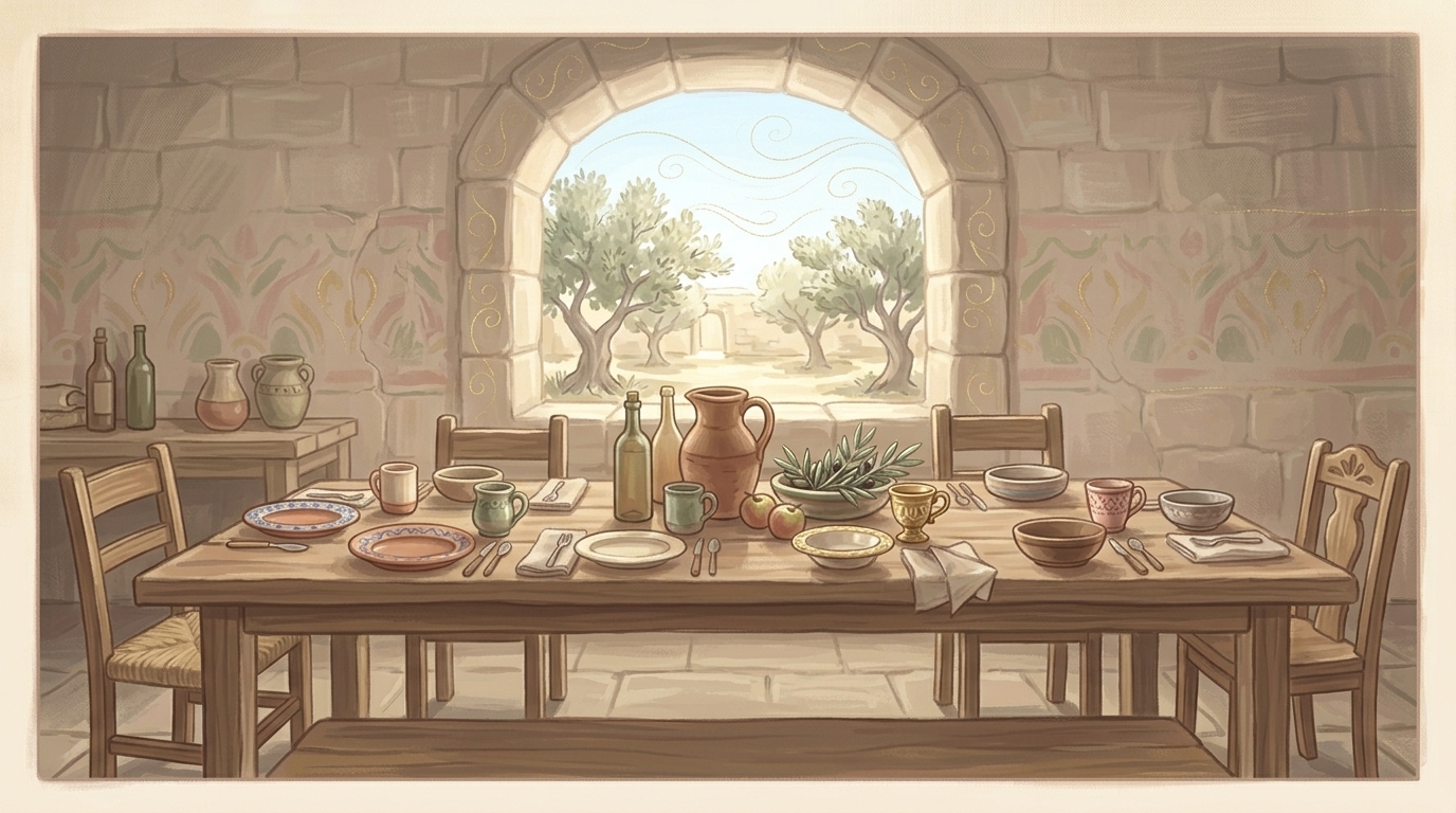 New religious families — a long table set for six with plates from six different homes