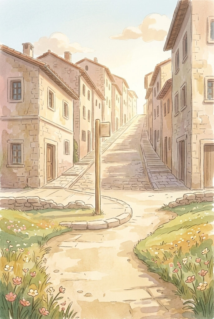 Painterly illustration of the level bottom corner of a steep street with a bare bus post and the road climbing away