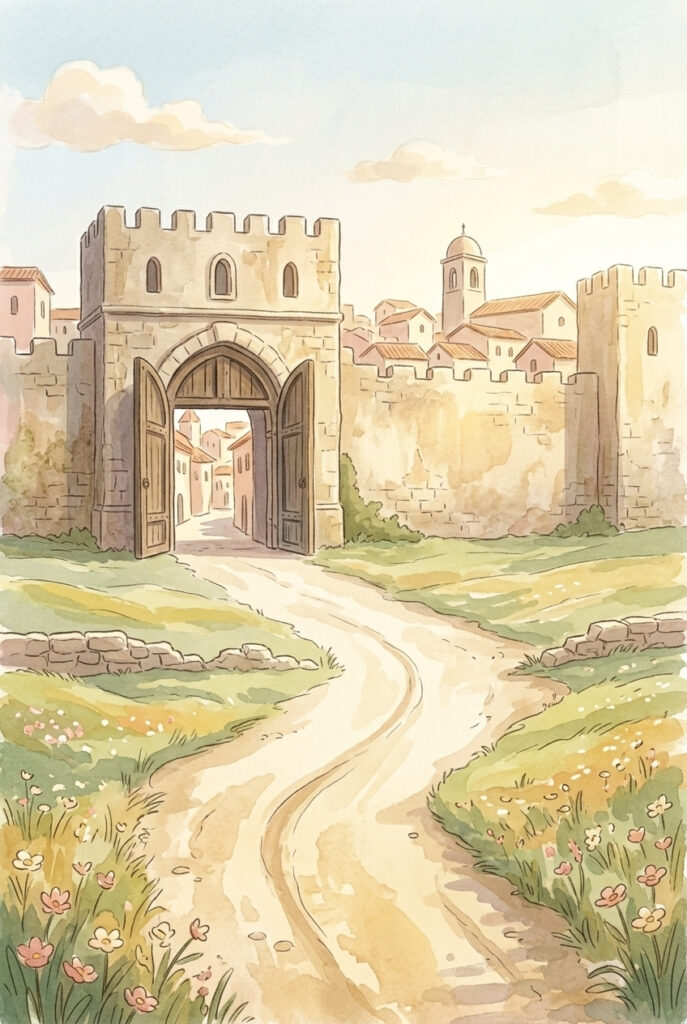 Painterly illustration of an open road leading to a walled town gate in bright morning light with green fields on both sides