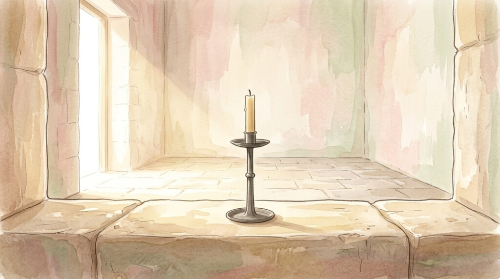 Painterly illustration of an unlit iron candlestick on a stone ledge in a bare chapel filled with midday daylight