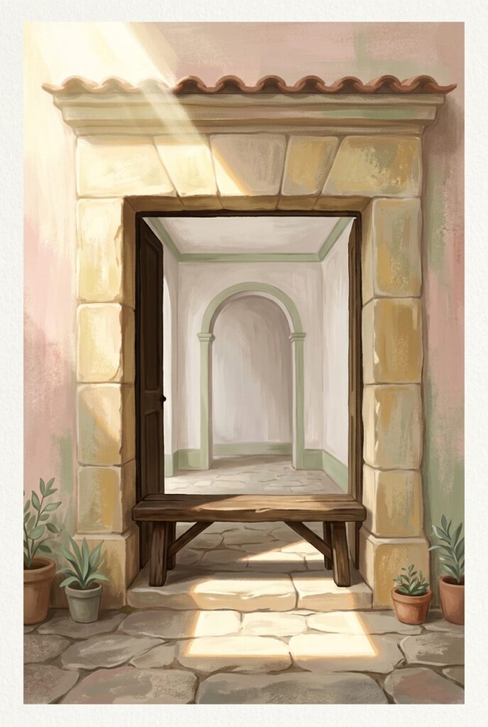 Painterly illustration of a low wooden bench set across a bright stone doorway at noon, sunlight falling on the flagstones