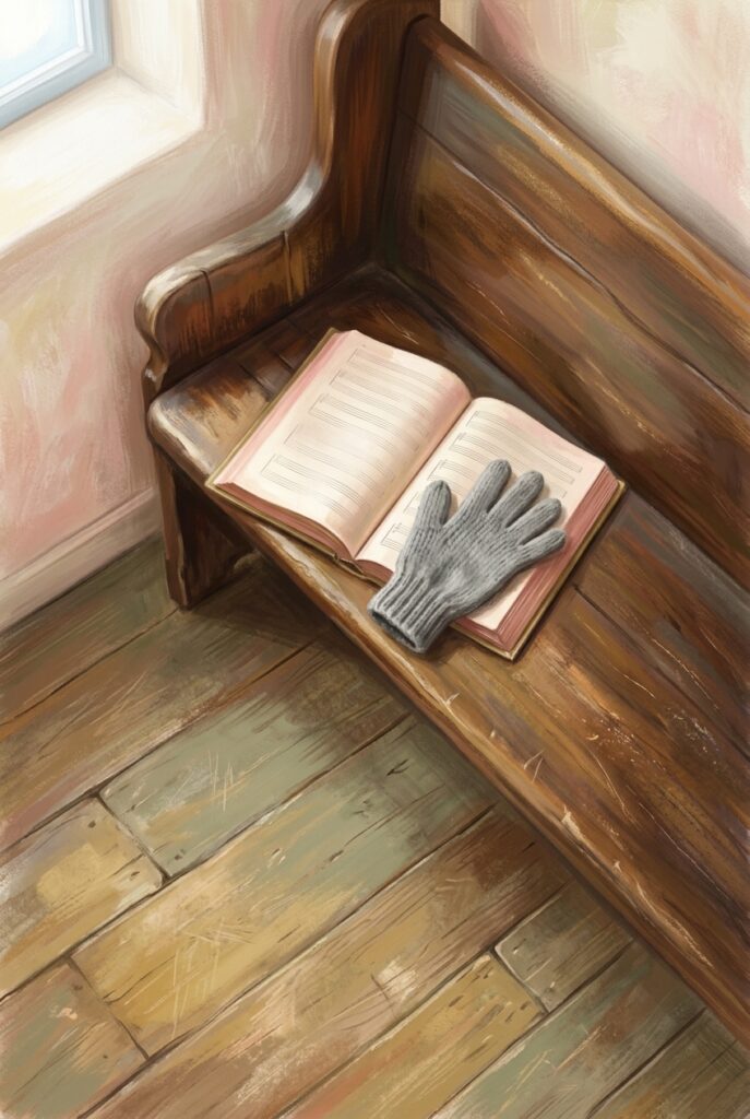 Painterly illustration seen from above of an open hymn book on a wooden pew with a knitted glove laid across the page