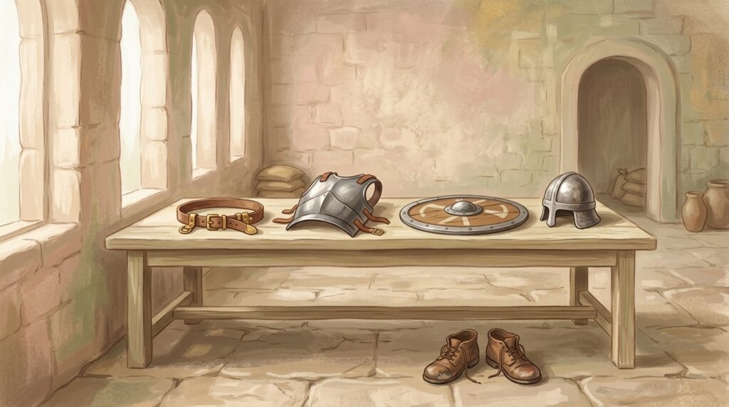 Painterly illustration of a belt, breastplate, shield and helmet laid in a row on a scrubbed table in flat daylight, walking shoes beneath