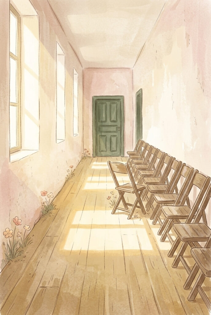 Painterly illustration of empty folding chairs in a bright corridor outside a closed door, one chair turned out of the line